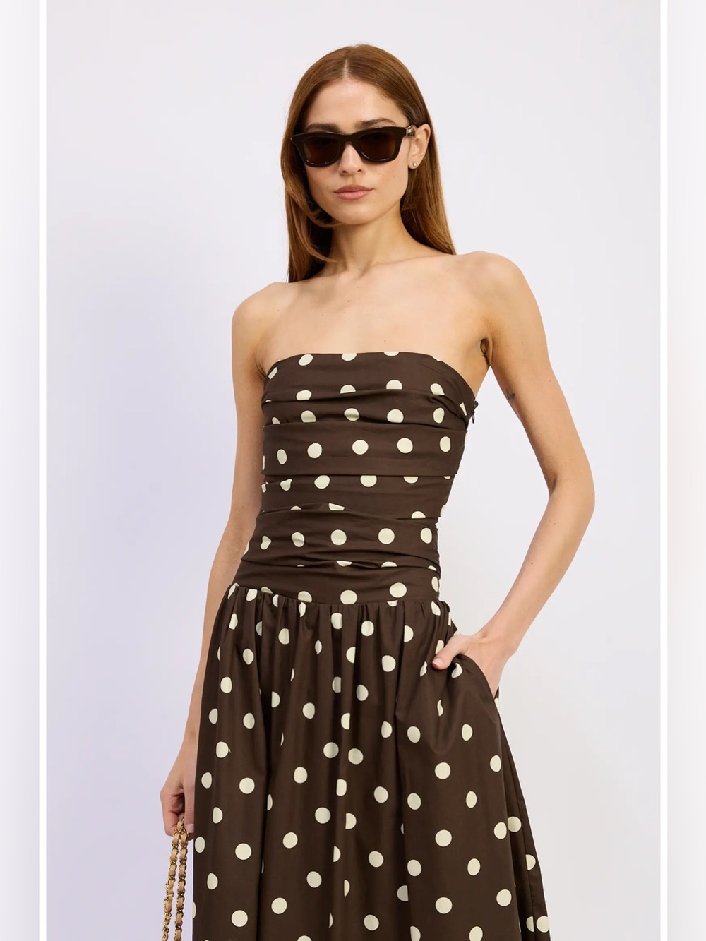 En Saison Brown Strapless Polka Dot Midi Dress with Cream Dots (Straps included) - Picture 5 of 6